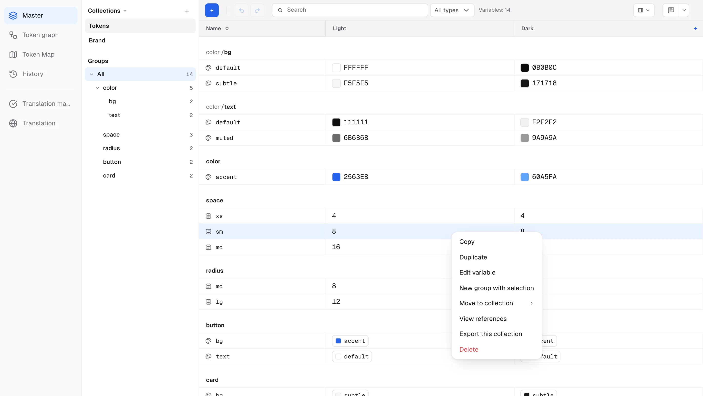 Right-clicking a row opens the Copy, Duplicate and Delete menu