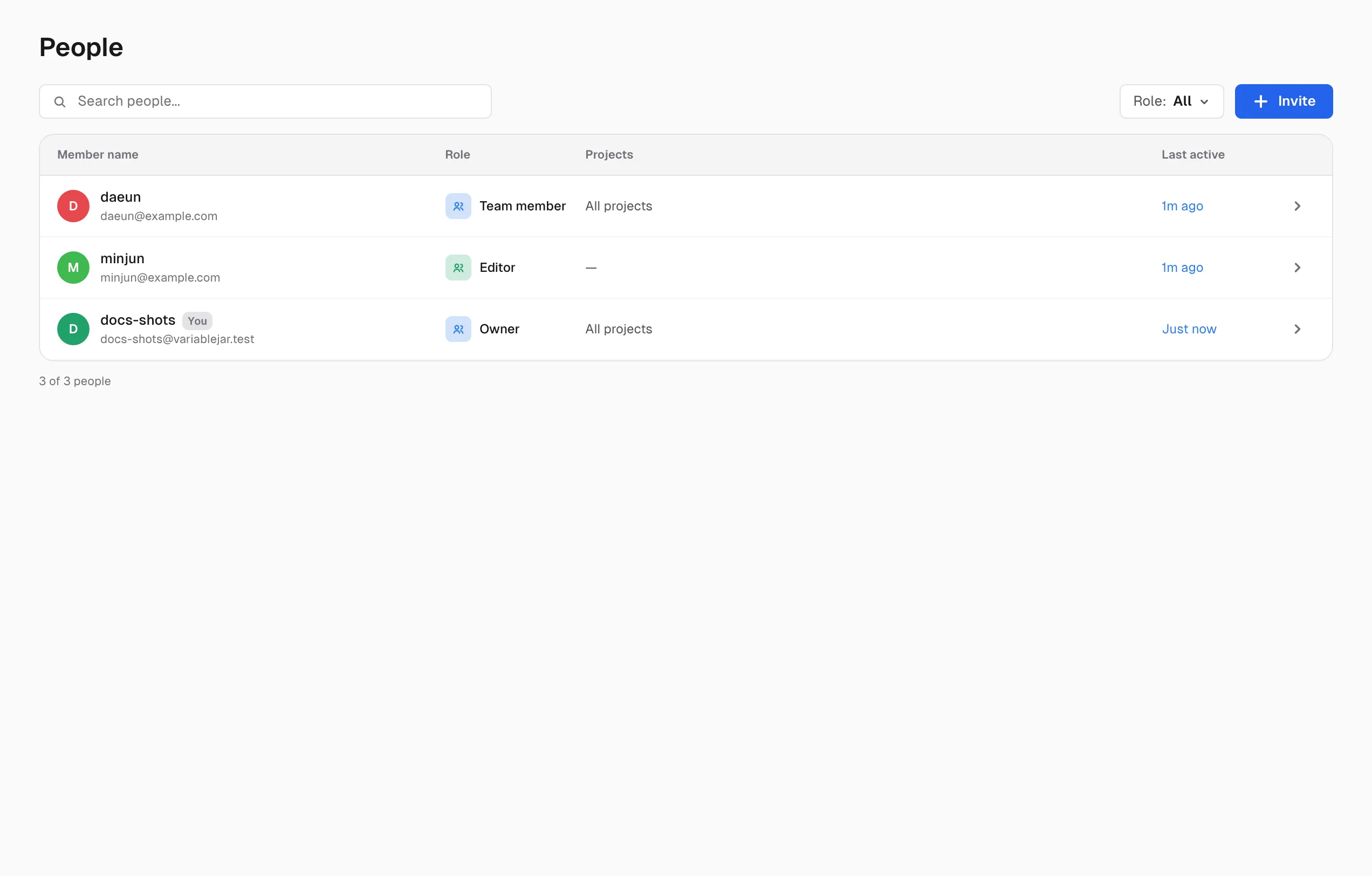The Members page — name, role, project access, and last activity