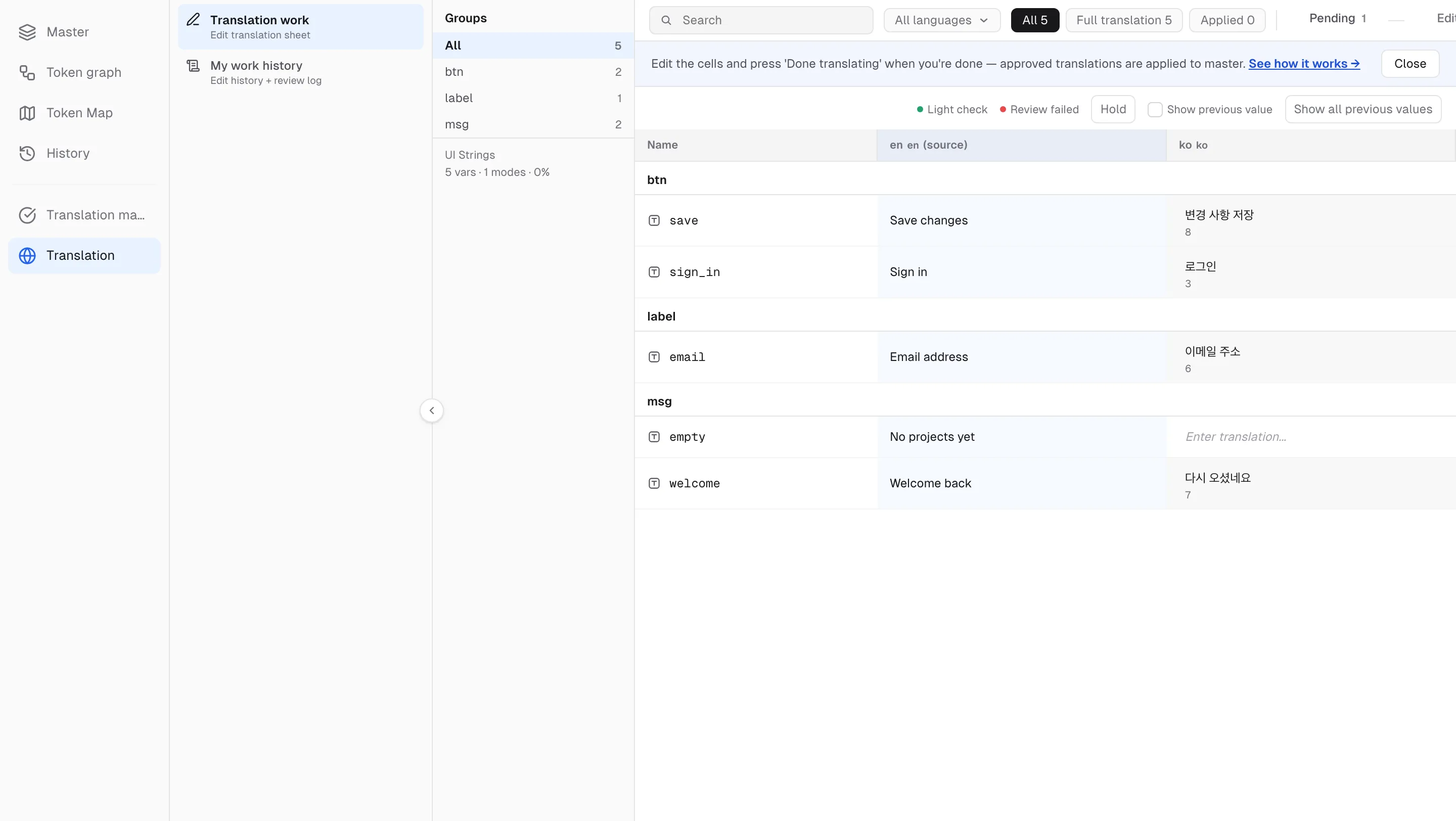 The translation sheet — the source column next to the translation column, with status chips and progress tabs